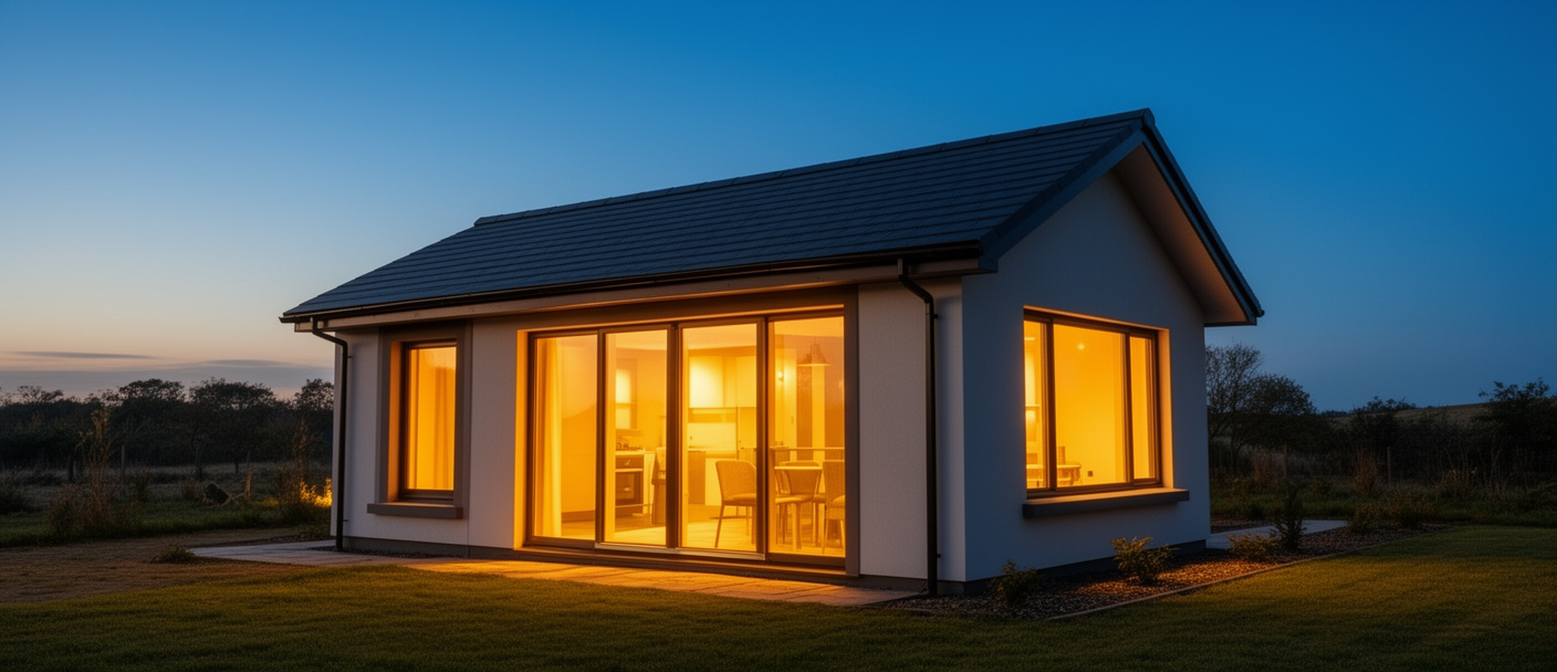 Освещённый современный коттедж вечером