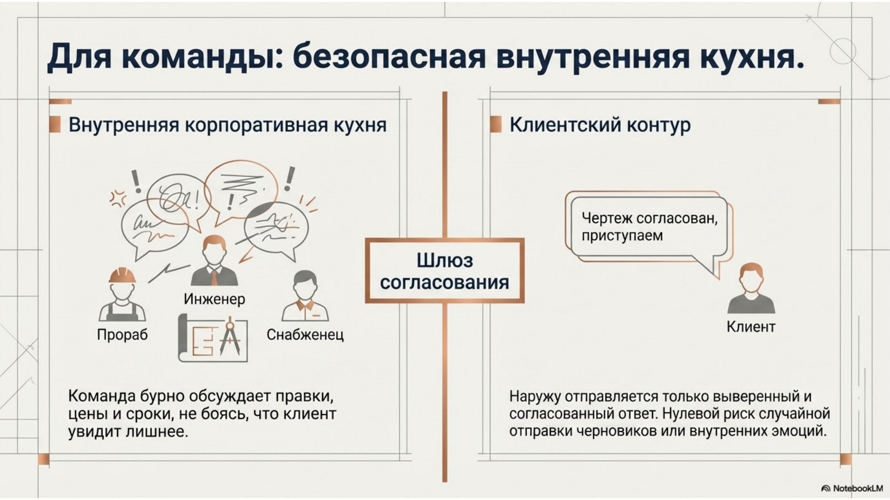 Слайд презентации про внутреннюю кухню команды и клиентский контур